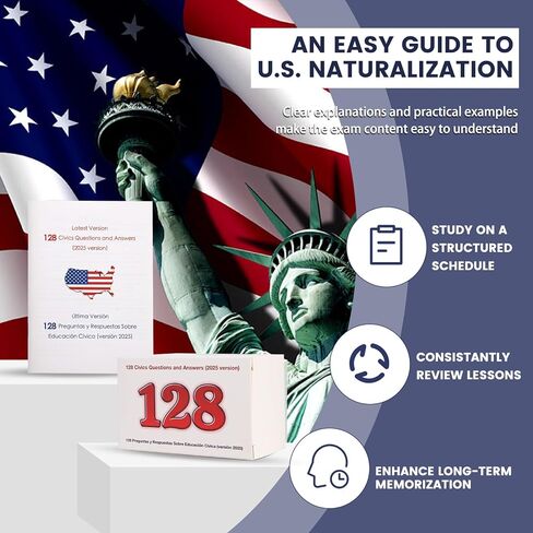 US Citizenship Flash Cards 2026-128 Civics Test Flash Cards Bilingual Spanish English Booklet Combo Set (Questions & Answers), Preguntas para la ciudadania 2026, Naturalization Study Guide in Kuwait