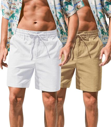 RQP Mens Cotton Linen Shorts Casual Drawstring 7inch Inseam Shorts Stretch Summer Beach Wear in Saudi Arabia