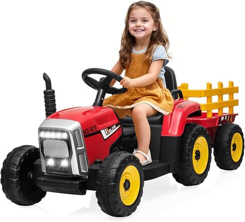 SEHOMY Kids Ride on Tractor مع مقطورة ومحركات مزدوجة 25 وات، ألعاب سيارة كهربائية للأطفال تعمل ببطارية 12 فولت مع جهاز تحكم عن بعد، 3 سرعات، موسيقى، أضواء LED، USB، عجلات كهربائية للأولاد باللون الأخضر in Kuwait