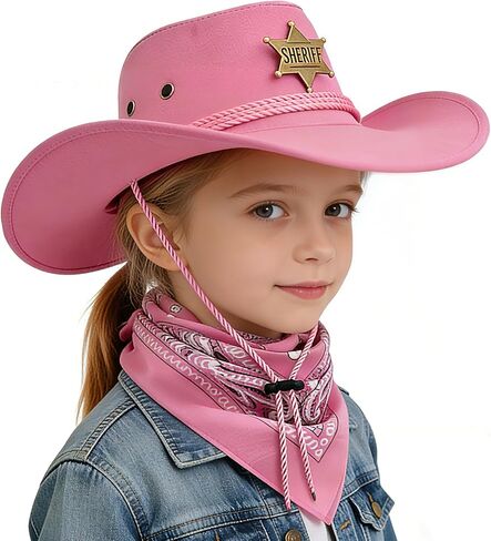 Kids Western Cowboy Hat&Bandana Set,Suede Costume Hat with Scarf,Halloween Western Party Accessories for Kids Boys Girls in Kuwait