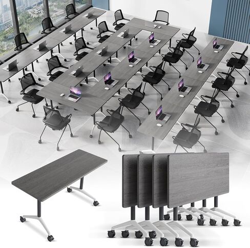 Modular Conference Table 2PCS, Folding Conference Room Tables on Wheels Grey 70.9in, Modern Rectangular Training Table for Office Meeting, Rolling Seminar Tables for 2-8 in Kuwait