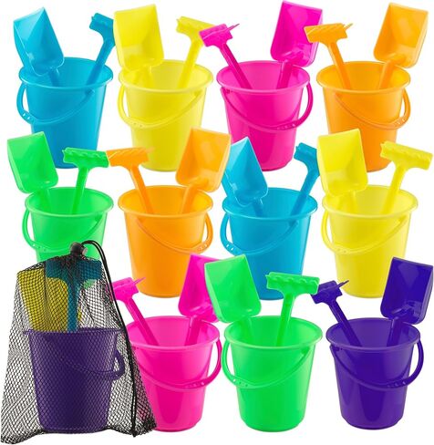 Mini 4.5-Inch Beach Buckets for Kids - (12 Pack) Sand Buckets and Shovels with Rakes - Small Beach Pails - Sturdy Unbreakable Plastic - Beach Party Favors for Toddlers Ages 3-6 in Kuwait