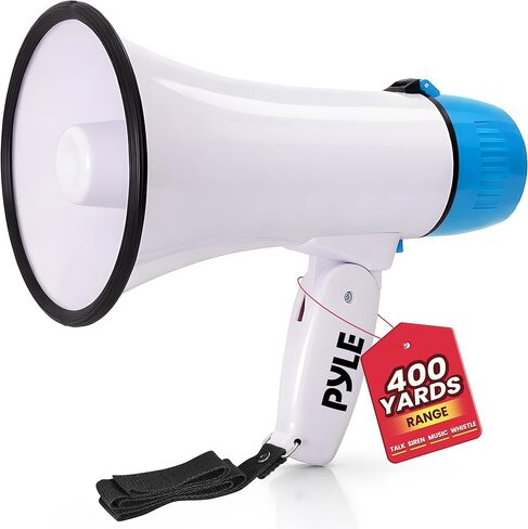 Pyle 20W Megaphone Bullhorn - صفارة إنذار أوتوماتيكية محمولة وحجم قابل للتعديل، نطاق عرض يصل إلى 400 ياردة مربعة، مدخل Aux، حديث، صفارة إنذار، موسيقى، صفارة، تسجيل، حزام كتف (برتقالي) in Saudi Arabia