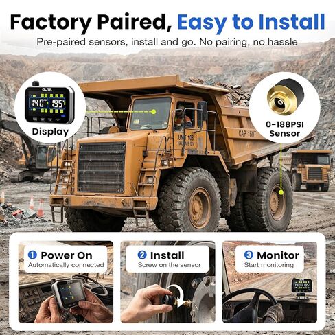 GUTA Tire Pressure Monitoring System, 0-188 PSI Tire Pressure Monitor with 6 TPMS Sensors, Color LCD Display, Signal Booster, 6 Alert Modes, for Excavators, Wheel Loaders, Mining Vehicles in Kuwait