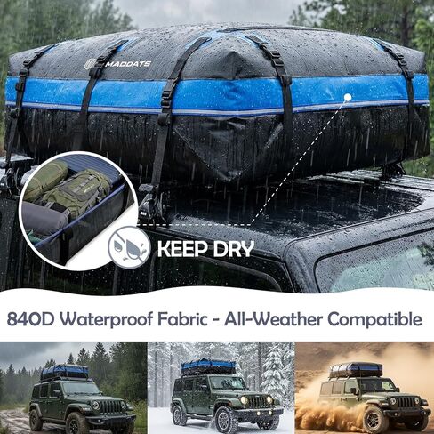 Rooftop Cargo Carrier, 22 Cubic Ft Car Roof Cargo Carrier for All Vehicles, 840D Waterproof Car Top Carrier with Anti-Slip Mat, 6 Hooks, Storage Bag,Zipper Lock for Tripping & Moving - Blue in Kuwait