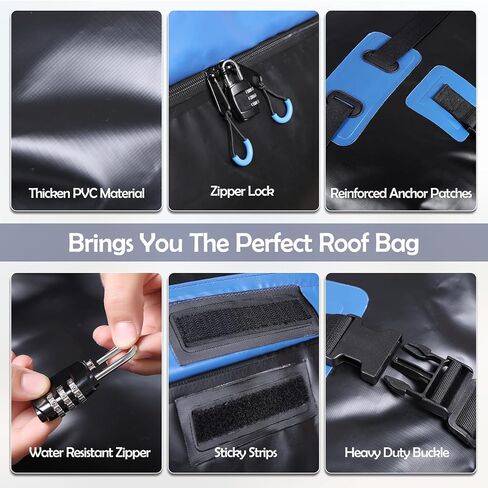 Rooftop Cargo Carrier, 22 Cubic Ft Car Roof Cargo Carrier for All Vehicles, 840D Waterproof Car Top Carrier with Anti-Slip Mat, 6 Hooks, Storage Bag,Zipper Lock for Tripping & Moving - Blue in Kuwait