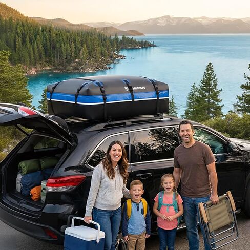Rooftop Cargo Carrier, 22 Cubic Ft Car Roof Cargo Carrier for All Vehicles, 840D Waterproof Car Top Carrier with Anti-Slip Mat, 6 Hooks, Storage Bag,Zipper Lock for Tripping & Moving - Blue in Kuwait