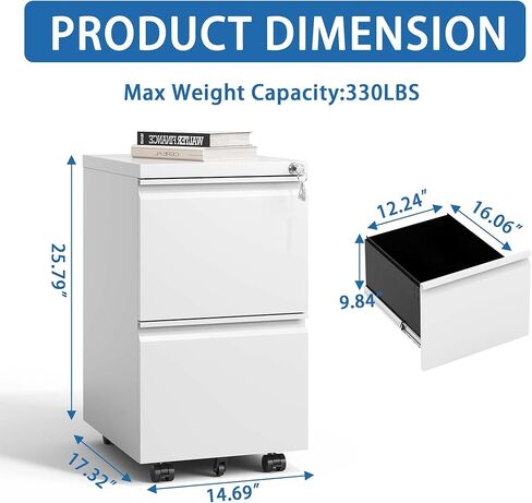 2 Drawer Metal Mobile File Cabinet, Rolling File Cabinet with Lock for Hanging Legal/Letter/A4 Size,Fully Assembled Except Wheels in Kuwait