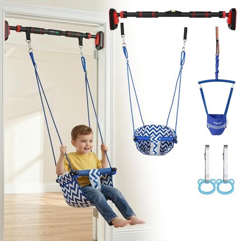 Slevoo Kids Doorway Jumper Swing with Pull-Up Bar Gym، مجموعة ملعب داخلية 4 في 1، تناسب 28 "-37" معدات تمرين المدخل واللعب للأطفال الصغار والأطفال in Kuwait