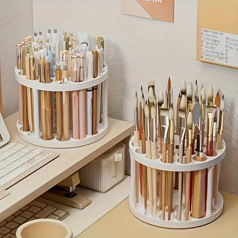 360° Rotating Brush Holder, 45 Holes 2 Tier Round Makeup Brush Holder, Suitable for art brushes and pens, Space-Saving in Kuwait