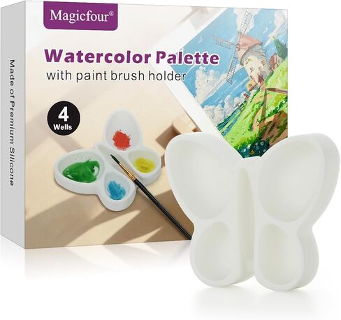Magicfour Silicone Paint Palette, 4 Well Watercolor Mixing Tray with Paint Brush Rest for Watercolor Oil Acrylic Painting Brush, Artist Brush Holder Caddy Solution for Painting Accessories in Kuwait