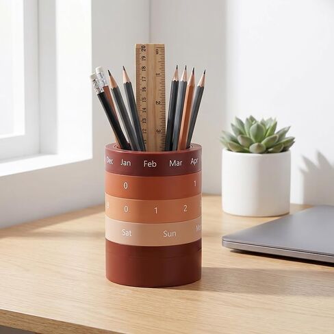 Makeup Brush Holder Organizer, Calendar Desk Cup Holder, Innovative Design Items Storage Cup, Detachable Aesthetic Desk Accessories for Home Office, 3.5"×4.5", Brown in Kuwait