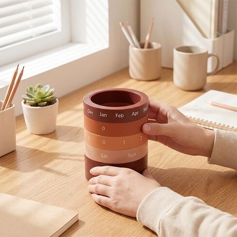 Makeup Brush Holder Organizer, Calendar Desk Cup Holder, Innovative Design Items Storage Cup, Detachable Aesthetic Desk Accessories for Home Office, 3.5"×4.5", Brown in Kuwait