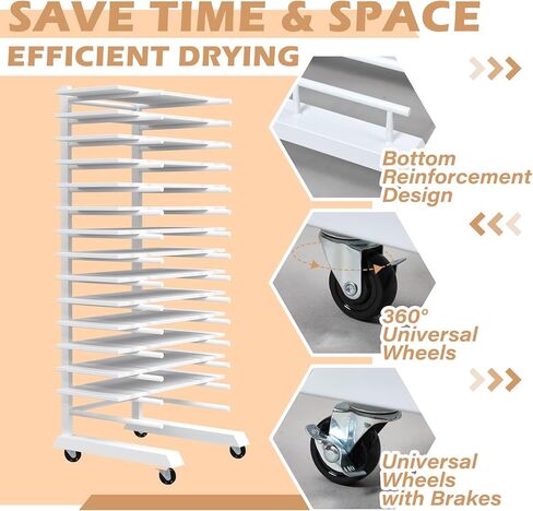 Colingmill 1 Pack 15 Tier Cabinet Doors Paint Drying Rack with Casters 16 in Rods 20 in Base White Powder Coated 15lbs/Shelf Iron Detachable Crossbars Space Saving for Painted Wood Panels Doors in Kuwait