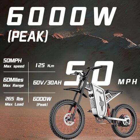 Freego X2Pro Electric Motorcycle for Adult, Electric Dirt Bike 6000W(Peak) Motor 60V/30Ah Battery,50MPH Off Road Electric Bicycle,19x2 Full Suspension/Four-Piston Hydraulic Brake UL 2849 Certified in Kuwait