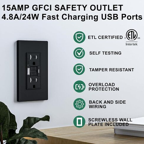 منفذ حائط مع منافذ USB-A وUSB-C، مقاوم للعبث بقدرة 15 أمبير، لوحة حائط بدون براغي متضمنة، مدرج في قائمة UL، أبيض، عبوتان in Kuwait
