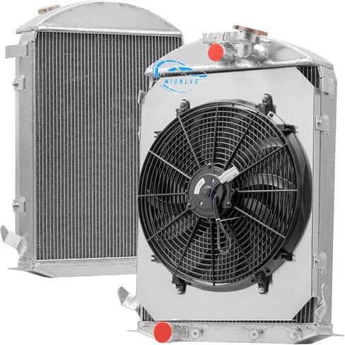 مشعاع ألومنيوم مكون من 4 صفوف + مروحة كفن لعام 1930-1931 طراز Ford Ford V8 تحويل AT Radiador استبدال مشعات المحرك للسيارات مشعاع التدفق السفلي مع كفن مروحة كهربائية MC3031FD in Kuwait