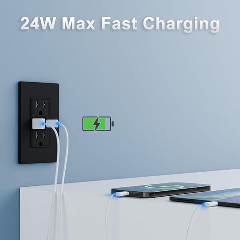 منفذ حائط مع منافذ USB-A وUSB-C، مقاوم للعبث بقدرة 15 أمبير، لوحة حائط بدون براغي متضمنة، مدرج في قائمة UL، أبيض، عبوتان in Kuwait