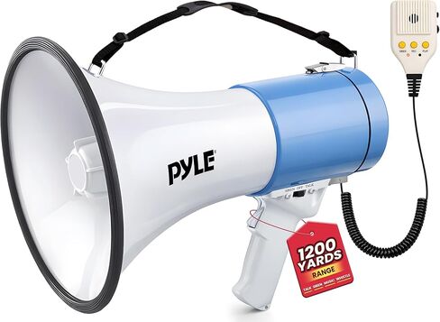Pyle 50W Megaphone Bullhorn - Portable, Automatic Siren & Adjustable Volume,Projection Range Up to 1200 Square Yards, Aux Input, Talk, Siren, Music, Whistle, & Record, Shoulder Strap (White-Blue) in Saudi Arabia