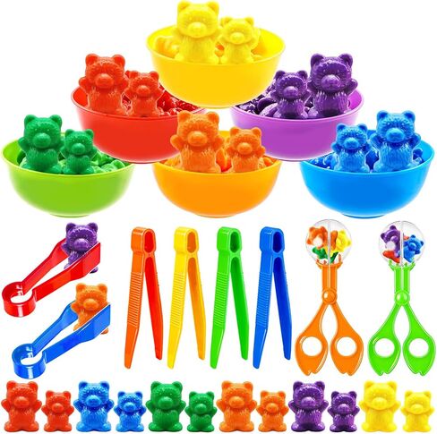 Bbiamsleep Rainbow Counting Bears Set, 105 Pcs Color Sorting Bear Counters Fine Motor Skills Sensory Bin Tools Light Table Manipulatives for Sorting Counting Training in Kuwait