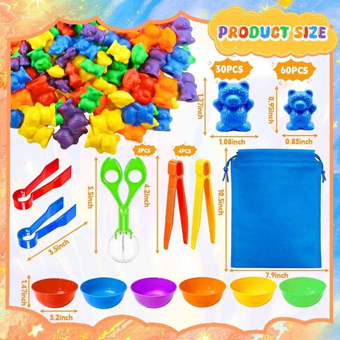Bbiamsleep Rainbow Counting Bears Set, 105 Pcs Color Sorting Bear Counters Fine Motor Skills Sensory Bin Tools Light Table Manipulatives for Sorting Counting Training in Kuwait