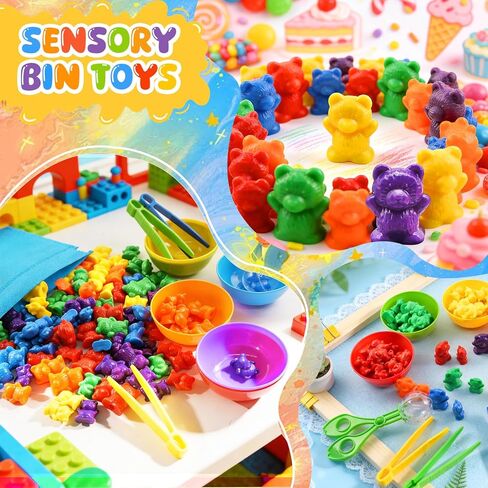 Bbiamsleep Rainbow Counting Bears Set, 105 Pcs Color Sorting Bear Counters Fine Motor Skills Sensory Bin Tools Light Table Manipulatives for Sorting Counting Training in Kuwait