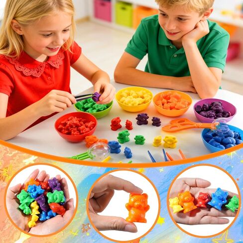 Bbiamsleep Rainbow Counting Bears Set, 105 Pcs Color Sorting Bear Counters Fine Motor Skills Sensory Bin Tools Light Table Manipulatives for Sorting Counting Training in Kuwait