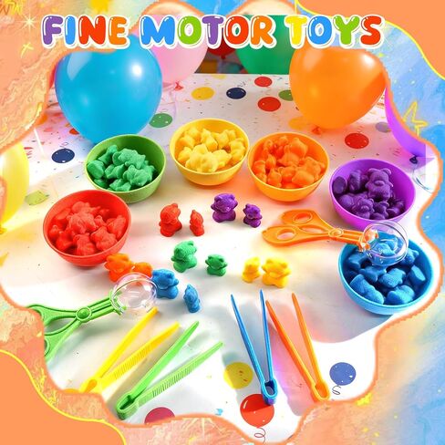Bbiamsleep Rainbow Counting Bears Set, 105 Pcs Color Sorting Bear Counters Fine Motor Skills Sensory Bin Tools Light Table Manipulatives for Sorting Counting Training in Kuwait