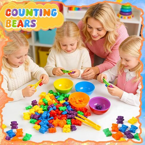 Bbiamsleep Rainbow Counting Bears Set, 105 Pcs Color Sorting Bear Counters Fine Motor Skills Sensory Bin Tools Light Table Manipulatives for Sorting Counting Training in Kuwait