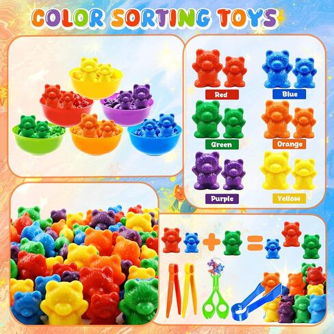 Bbiamsleep Rainbow Counting Bears Set, 105 Pcs Color Sorting Bear Counters Fine Motor Skills Sensory Bin Tools Light Table Manipulatives for Sorting Counting Training in Kuwait