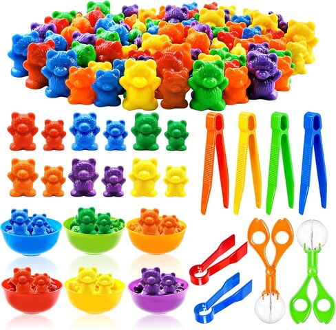 Bbiamsleep Rainbow Counting Bears Set, 105 Pcs Color Sorting Bear Counters Fine Motor Skills Sensory Bin Tools Light Table Manipulatives for Sorting Counting Training in Kuwait