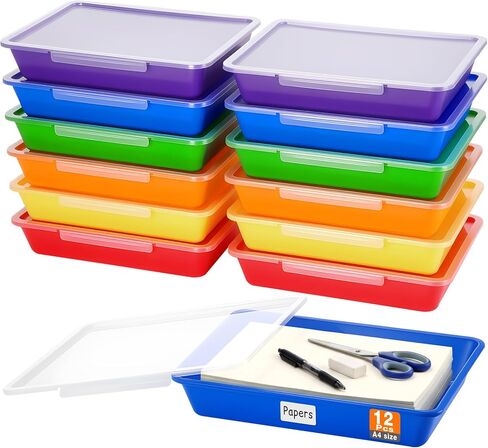 Tinlade 12 Pcs Paper Storage Bin with Clear Latching Lid, Label Colored Plastic Stackable Letter Size Flat Tray Container Classroom Home Office School Teacher Arts Crafts Sorting (Rainbow,13x10in) in Kuwait