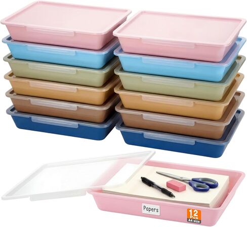 Tinlade 12 Pcs Paper Storage Bin with Clear Latching Lid, Label Colored Plastic Stackable Letter Size Flat Tray Container Classroom Home Office School Teacher Arts Crafts Sorting (Rainbow,13x10in) in Saudi Arabia