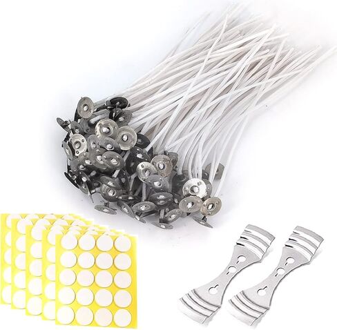 120Pcs Candle Wicks 15cm/5.9inch Set, 15cm Pre-Waxed Tabbed Cotton Wicks, 120Pcs Stickers and 2Pcs Wick Centering Device Holders for Candle Making in Kuwait
