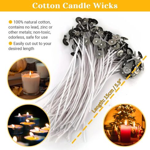 120Pcs Candle Wicks 15cm/5.9inch Set, 15cm Pre-Waxed Tabbed Cotton Wicks, 120Pcs Stickers and 2Pcs Wick Centering Device Holders for Candle Making in Kuwait