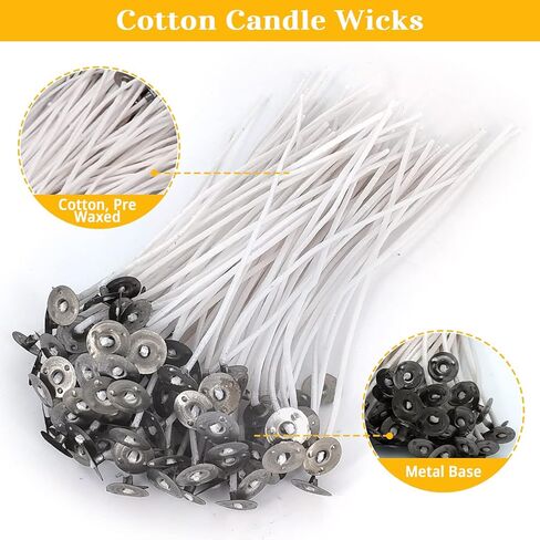 120Pcs Candle Wicks 15cm/5.9inch Set, 15cm Pre-Waxed Tabbed Cotton Wicks, 120Pcs Stickers and 2Pcs Wick Centering Device Holders for Candle Making in Kuwait