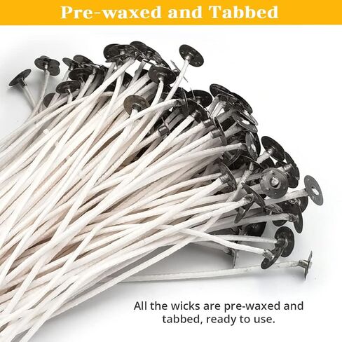 120Pcs Candle Wicks 15cm/5.9inch Set, 15cm Pre-Waxed Tabbed Cotton Wicks, 120Pcs Stickers and 2Pcs Wick Centering Device Holders for Candle Making in Kuwait