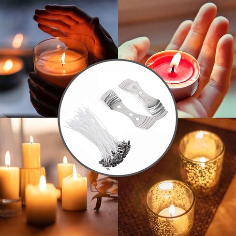 120Pcs Candle Wicks 15cm/5.9inch Set, 15cm Pre-Waxed Tabbed Cotton Wicks, 120Pcs Stickers and 2Pcs Wick Centering Device Holders for Candle Making in Kuwait