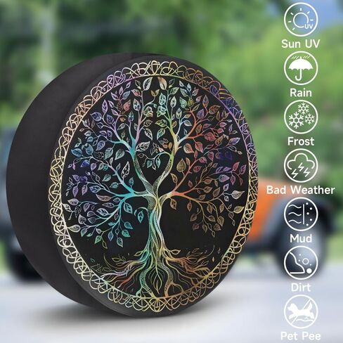Tree of Life Rainbow Leaves Spare Tire Cover Waterproof Dust-Proof Spare Wheel Covers Wheel Tire Storage Cover Universal Fit for Camper RV SUV Truck Travel Accessories 17" in Kuwait
