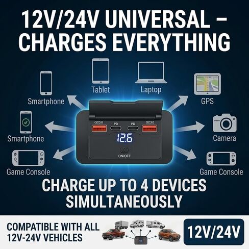 حامل جداري للوحة منفذ USB 96 وات 12 فولت - مقبس شاحن USB مزدوج 36 وات PD ومزدوج QC3.0 18 وات، مفتاح مقاوم للماء، حامل سطحي للمركبات الترفيهية والقوارب والشاحنات والمركبات البحرية (عبوتان) in Kuwait
