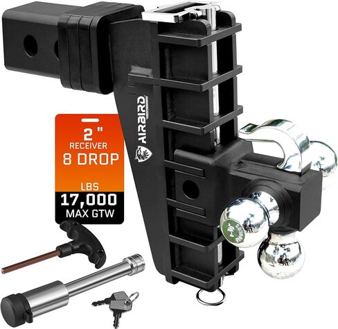 AIRBIRD Adjustable Trailer Hitch Fits 2.5-Inch Receiver, Heavy Duty Tow Hitches (18500 LBS GTW) 8 Inch Drop Truck Hitch Tri-Ball Mount with Hook (1-7/8" x 2" x 2-5/16") in Kuwait