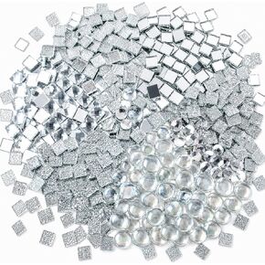 1000g Real Mirror Glass Mosaic Tiles for DIY, Silver Textured Square Tiles (15mm) with Iridescent Glass Gems, Mixed Shapes Stained Glass Set for Mosaic Art & Home Décor Projects in Saudi Arabia