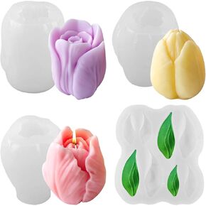 MEMOVAN Tulip Candle Molds 4PCS Tulip Flower Silicone Molds with Leaf Mold 3D Floral Resin Candle Soap Mold for Candle Making DIY Resin Crafts,Cake Decoration,Flower Fondant Mothers Day Gift in Kuwait