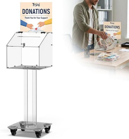 Tredre Acrylic Donation & Suggestion Box with Slot and Lock, Large Capacity Offering box with Stand for Fundraisers, Church, Charity & Hospital, Floor/Tabletop Convertible (Clear, 13.7"×13.7"×39.3") in Saudi Arabia