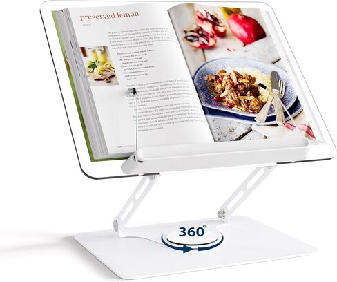 HAUTOCO Adjustable Acrylic Book Stand for Reading, 360° Rotating Base, Foldable Desktop Book Holder with Elastic Page Clips, Hands-Free Cookbook Stand for Laptop, Tablet, Recipe, Textbook, Music Score in Kuwait
