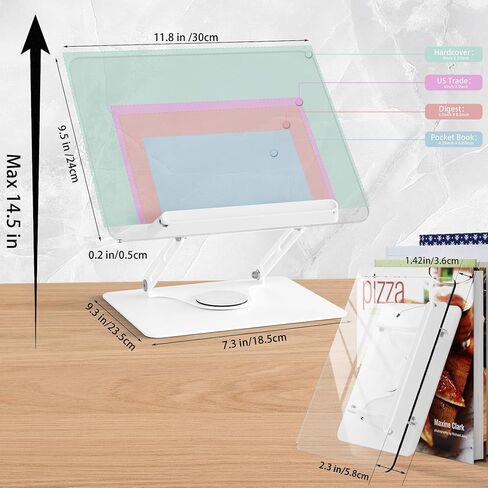 HAUTOCO Adjustable Acrylic Book Stand for Reading, 360° Rotating Base, Foldable Desktop Book Holder with Elastic Page Clips, Hands-Free Cookbook Stand for Laptop, Tablet, Recipe, Textbook, Music Score in Kuwait
