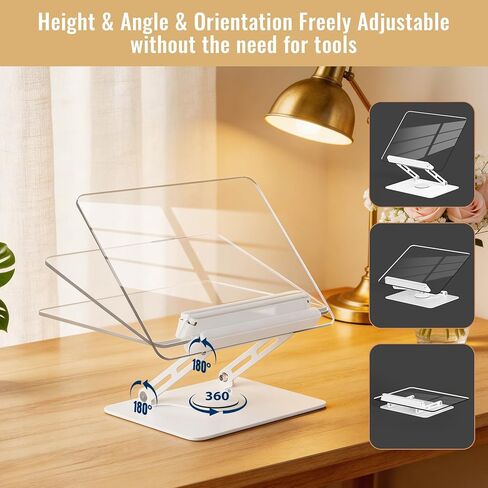 HAUTOCO Adjustable Acrylic Book Stand for Reading, 360° Rotating Base, Foldable Desktop Book Holder with Elastic Page Clips, Hands-Free Cookbook Stand for Laptop, Tablet, Recipe, Textbook, Music Score in Kuwait