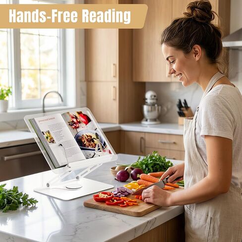 HAUTOCO Adjustable Acrylic Book Stand for Reading, 360° Rotating Base, Foldable Desktop Book Holder with Elastic Page Clips, Hands-Free Cookbook Stand for Laptop, Tablet, Recipe, Textbook, Music Score in Kuwait