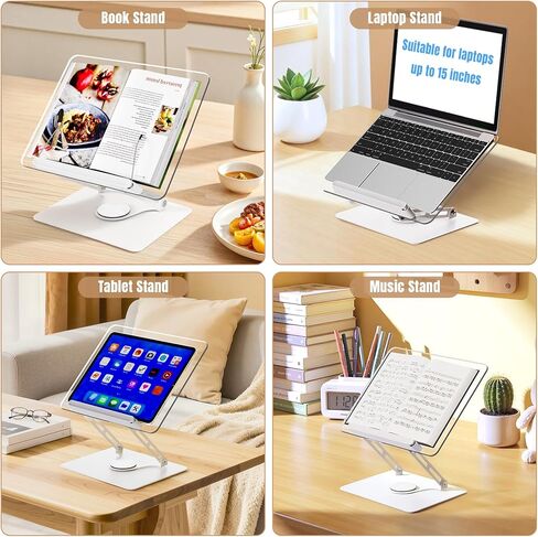 HAUTOCO Adjustable Acrylic Book Stand for Reading, 360° Rotating Base, Foldable Desktop Book Holder with Elastic Page Clips, Hands-Free Cookbook Stand for Laptop, Tablet, Recipe, Textbook, Music Score in Kuwait
