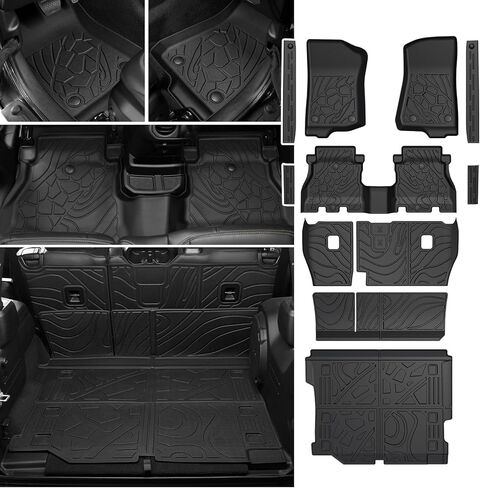 مجموعة سجادات الأرضية لسيارة Jeep Wrangler JL 2018-2025 2026 Unlimited 4 أبواب (لا تناسب JK/4XE/2-Door)، سجادة مسند الظهر TPE لجميع الأحوال الجوية، ملحقات واقيات عتبة الباب وبطانة البضائع (مجموعة سجادات الأرضية) in Kuwait